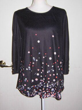 Black Floral 3/4 Sleeve Top L